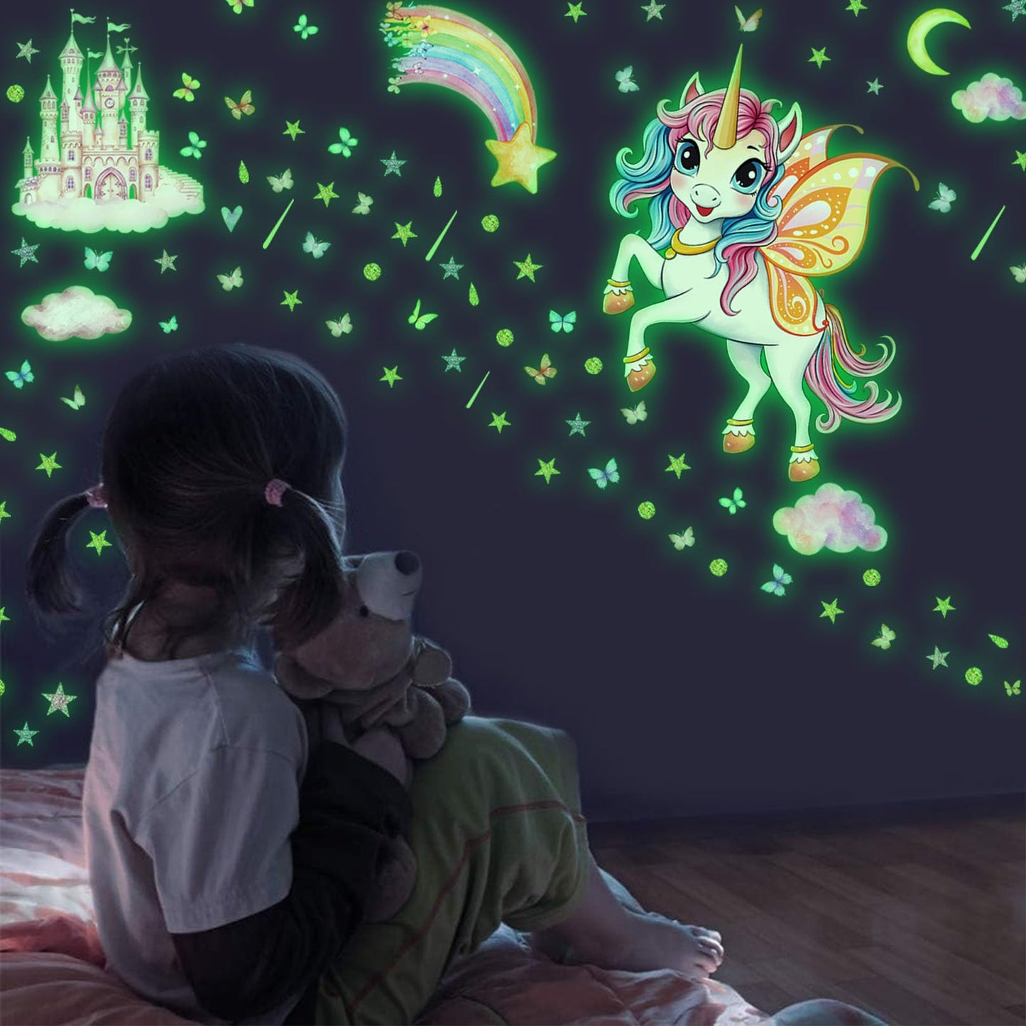 Glowing Unicorn Wall Stickers Unicorn Castle Wall Stickers with Rainbow, Butterflies, Clouds, Moon, and Stars Removable Wall Decorations Suitable for Bedroom, Classroom, and Playroom Wall Decor