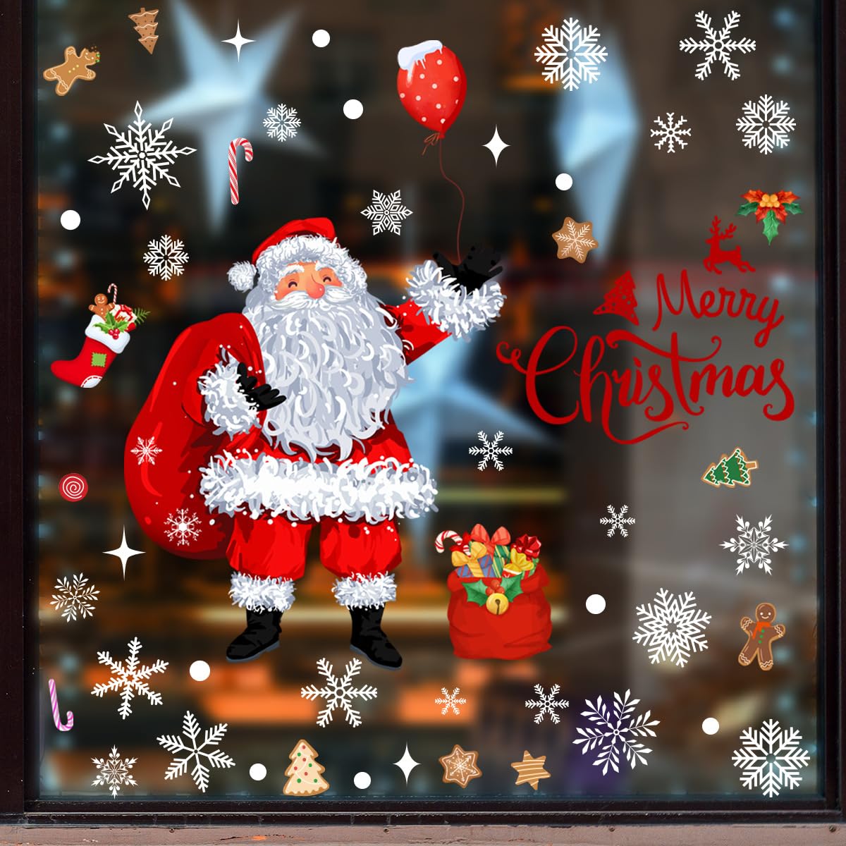 Runtoo Christmas Santa Wall Decals Merry Christmas Snowflake Xmas Ornaments Window Clings Removable DIY Wall Art Holiday Glass Window Sticker Bedroom Door Decor