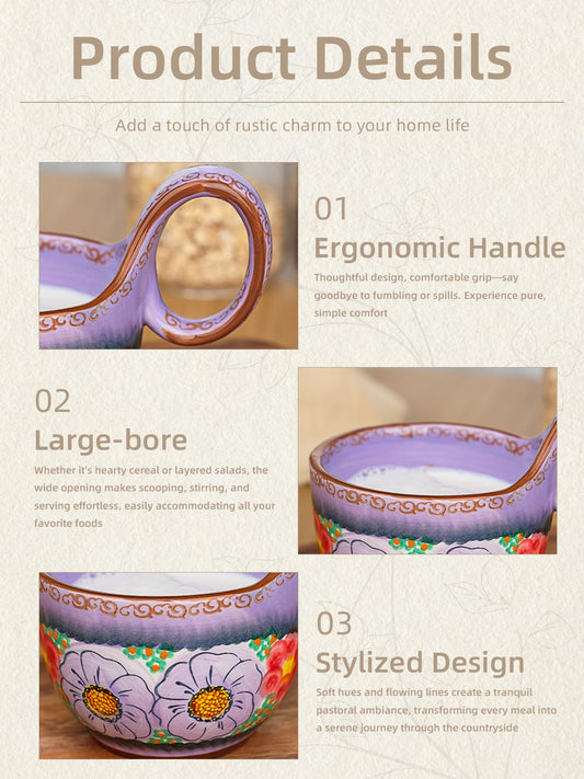silesia Handmade Ceramic Soup Bowl with Loop Handle, Hand Painted Floral Cereal Bowl, Artisanal Soup Mug for Chili, Stew, Oatmeal, Microwave Safe, Glazed Purple