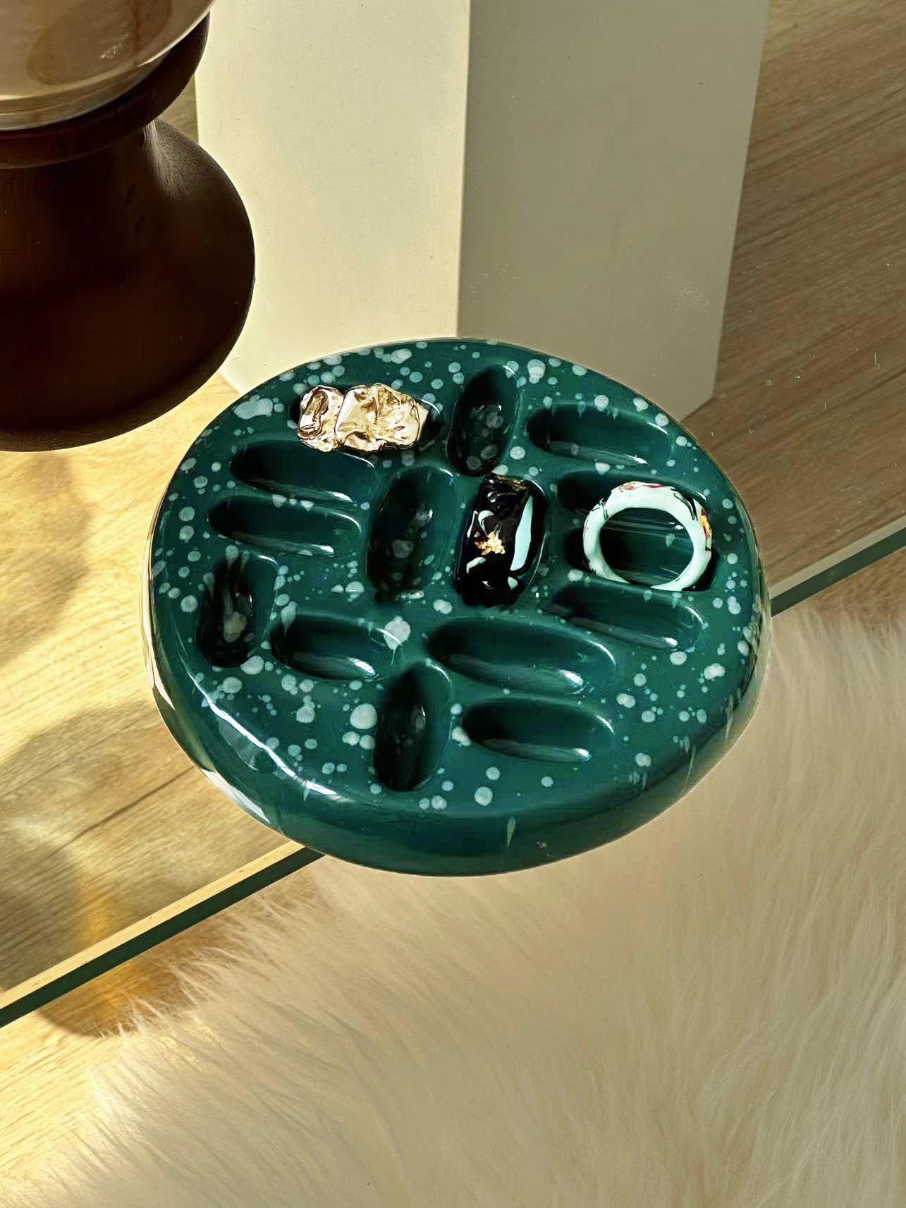 gugululu Ceramic Ring Tray, Handmade Green Ring Dish Rings Holder Ins Blogger Same Rings Organizer Plate 15 Slots Decorative Jewelry Tray for Birthday Mother's Day Gift (dark green)
