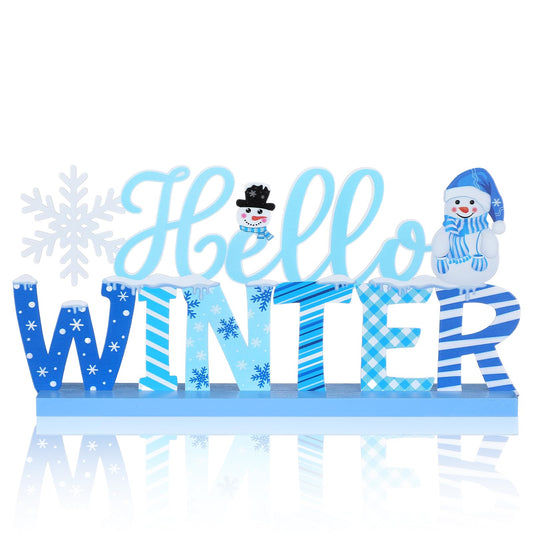 MiniInflat Hello Winter Table Decor Winter Metal Table Sign Christmas Blue Snowman Snowflake Decor with Wood Base for Wonderland Decorations Xmas Home Tiered Tray Mantel Tabletop Centerpiece