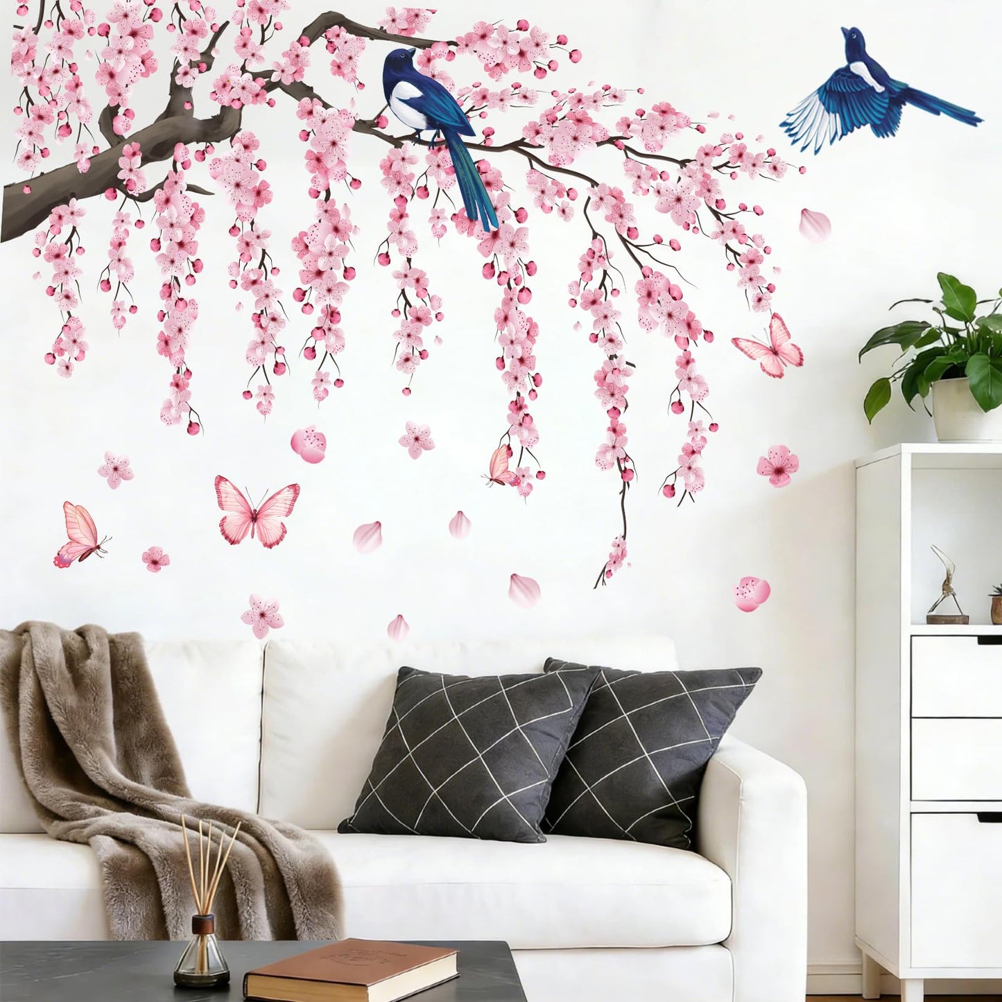 Cherry Blossom Wall Decals Stickers - Tree Floral Birds Wall Stickers Spring Pink Peel and Stick Wall Murals Decor for Living Room Bedroom