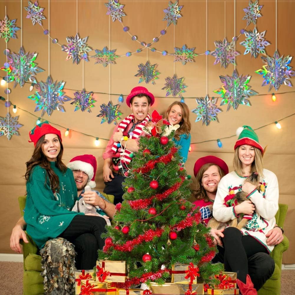 Cheerland Winter Wonderland Decorations Iridescent Snowflakes Garland Holographic 3D Snowflake Streamers for Winter Onederland Birthday Party Decoration Backdrop Office Janurary Party Indoor Supplies
