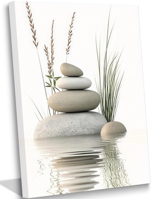 KBIERQN Zen Stone Canvas Wall Art Stacked Stones in Water Poster Print Tranquil Wild Grass Painting Picture for Spa Yoga Meditation Room Bathroom Wall Decor 12x16in Framed Ready to Hang