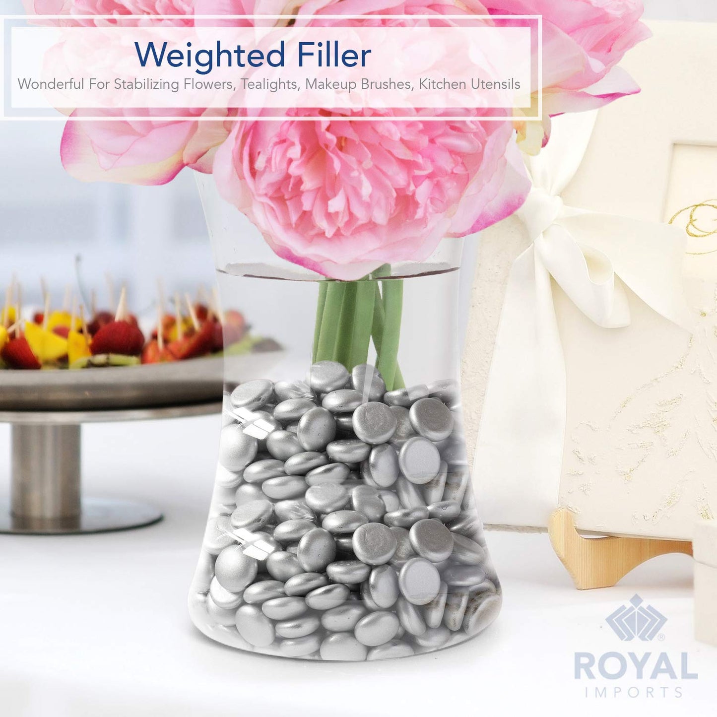Royal Imports Glass Flat Marbles Stones Rocks, Party Table Scatter, Wedding Centerpieces Decor, Aquarium Pebbles, Vase Filler Gems, 5 LBS (Approx 500 pcs), Silver