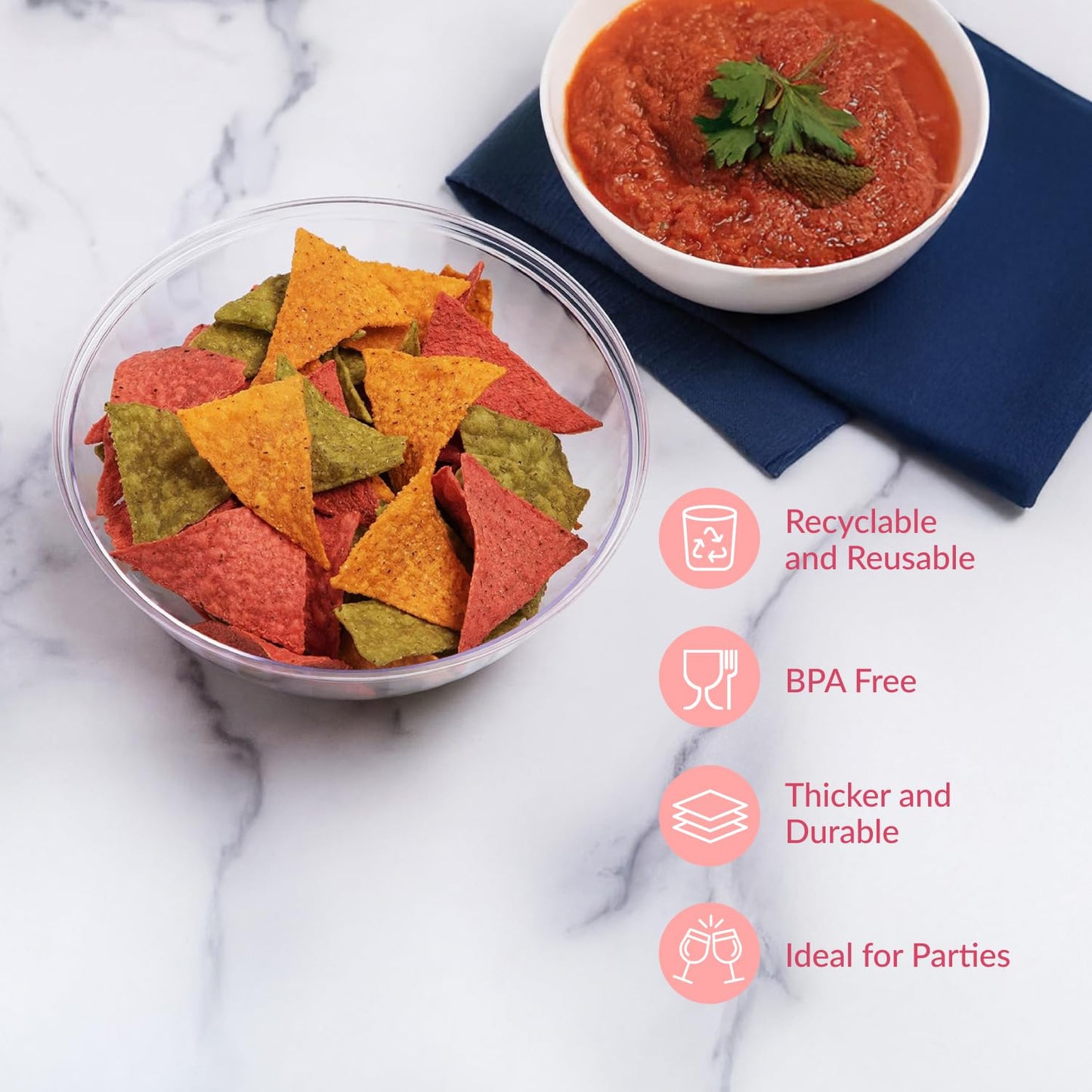 Prestee 4 Pack Clear Plastic Serving Bowls 150 Oz - Large Round Punch Bowl and Plastic Bowls for Parties, Salads, Chips, and Catering - Durable Disposable Serving Bowl for Events and Buffets