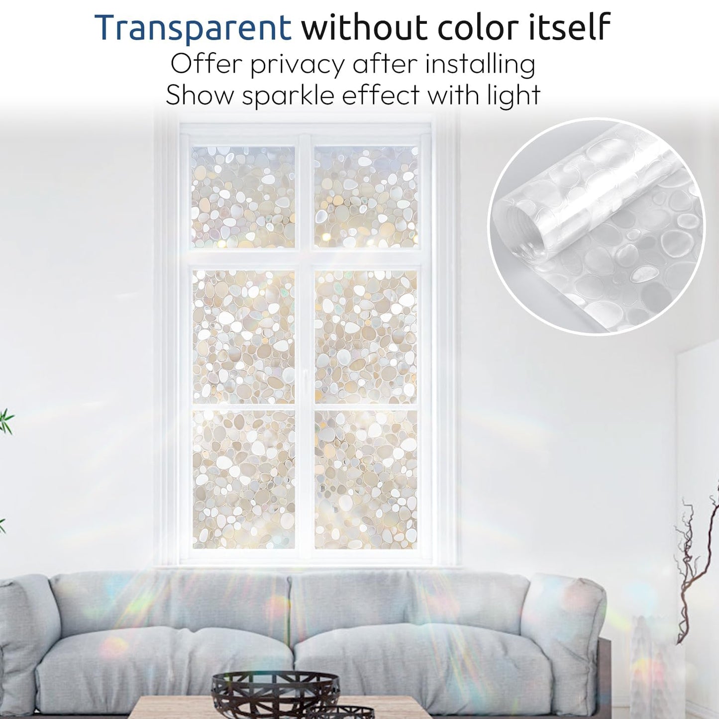rabbitgoo Window Privacy Film, Decorative Rainbow Window Clings for Glass Covering, Static Cling Non Adhesive Door Stickers UV Blocking, Stained Glass Vinyl Decal, 3D Pebble, 17.5 x 78.7 inches