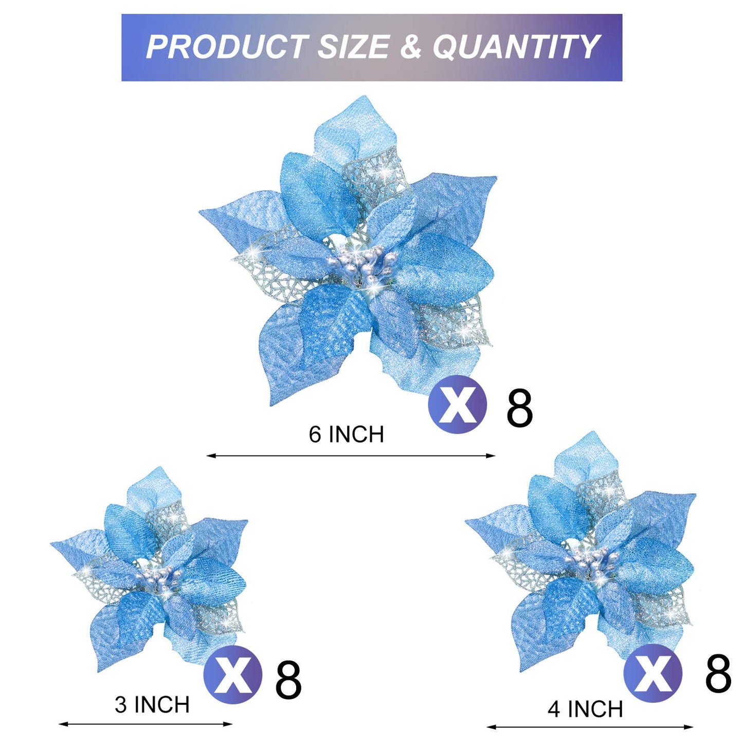 Boao 24 Pieces Christmas Artificial Glitter Poinsettia Flowers Xmas Flowers Wedding Christmas Tree New Year Ornaments(Blue)