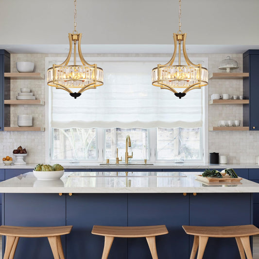 Kaniker 5-Light Crystal Chandelier Ceiling Light Fixture with Adjustable Height, Gold Drum Pendant Light for Dining Room Light Fixture, Kitchen Island, Bedroom, Living Room, Elegant Modern Lighting