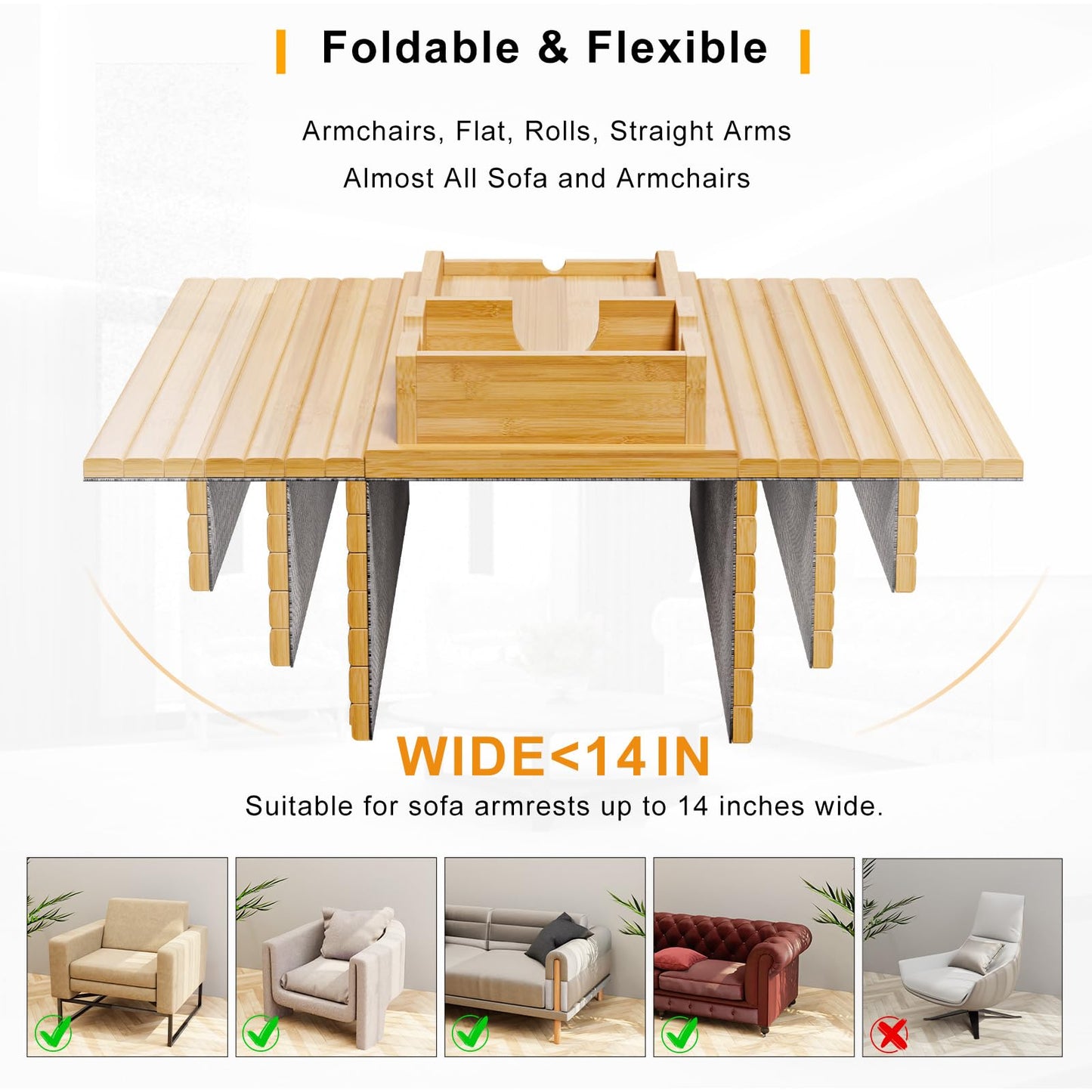 Bestjing Bamboo Sofa Armrest Tray - Couch Arm Tray with Detachable Couch Cup Holder - 2 in 1 Anti-Slip Foldable Sofa Armchair Caddy Table for Drinks Cellphone TV Remote Snacks
