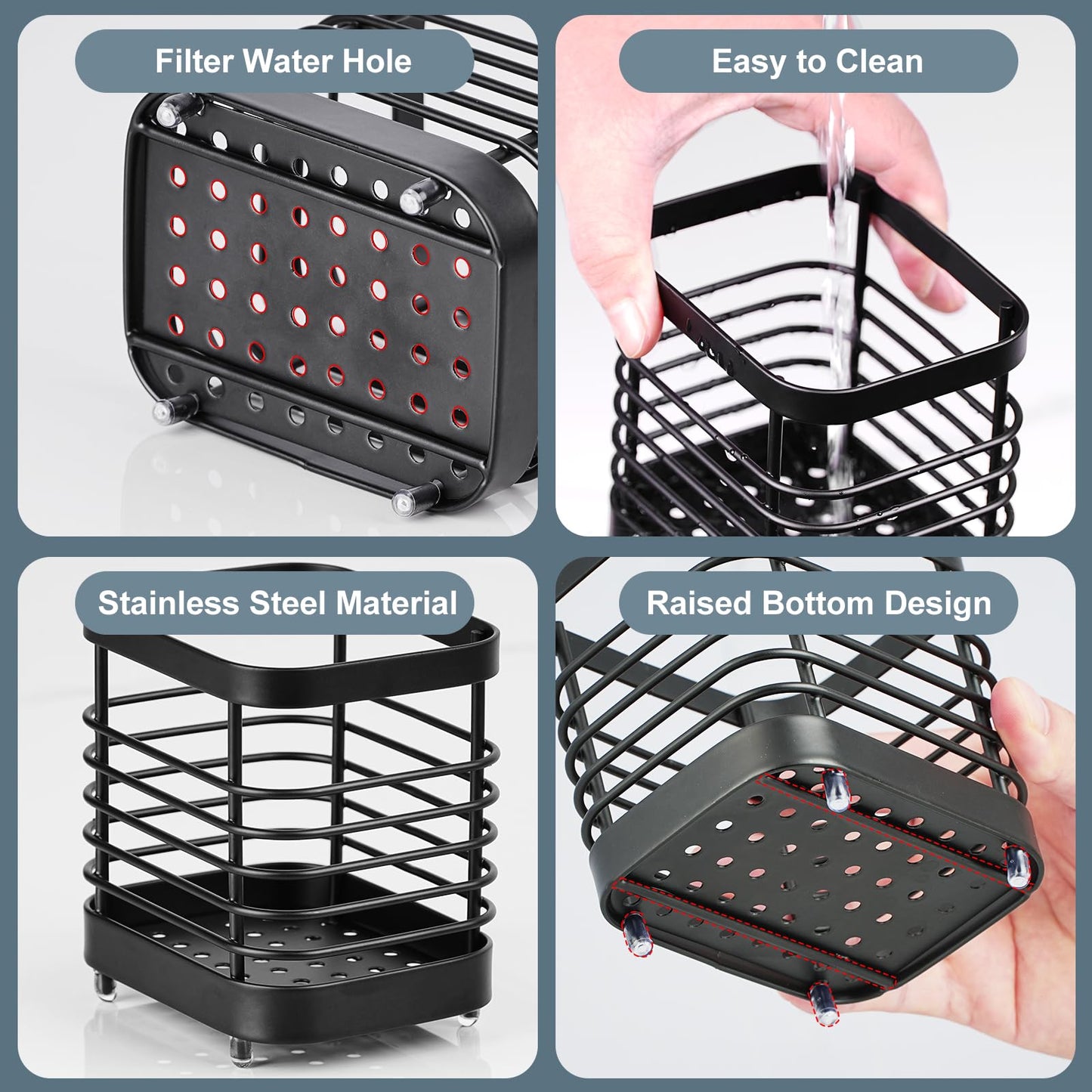 IWNTWY Utensil Holder, Stainless Steel Utensil Drying Rack for Kitchen Counter, Silverware Cutlery Flatware Holder Forks, Knives, Spoons, Chopsticks Organizer (Black)