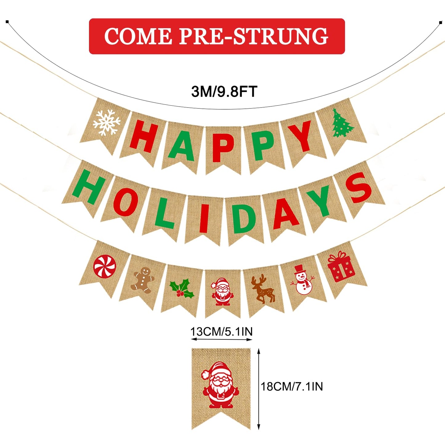 JKQ Happy Holidays Burlap Banner Jute Merry Christmas Bunting Banner with Snowflake Xmas Tree Santa Gingerbread Man Signs Winter Christmas Holiday Party Decorations for Mantle Fireplace Party Supplies