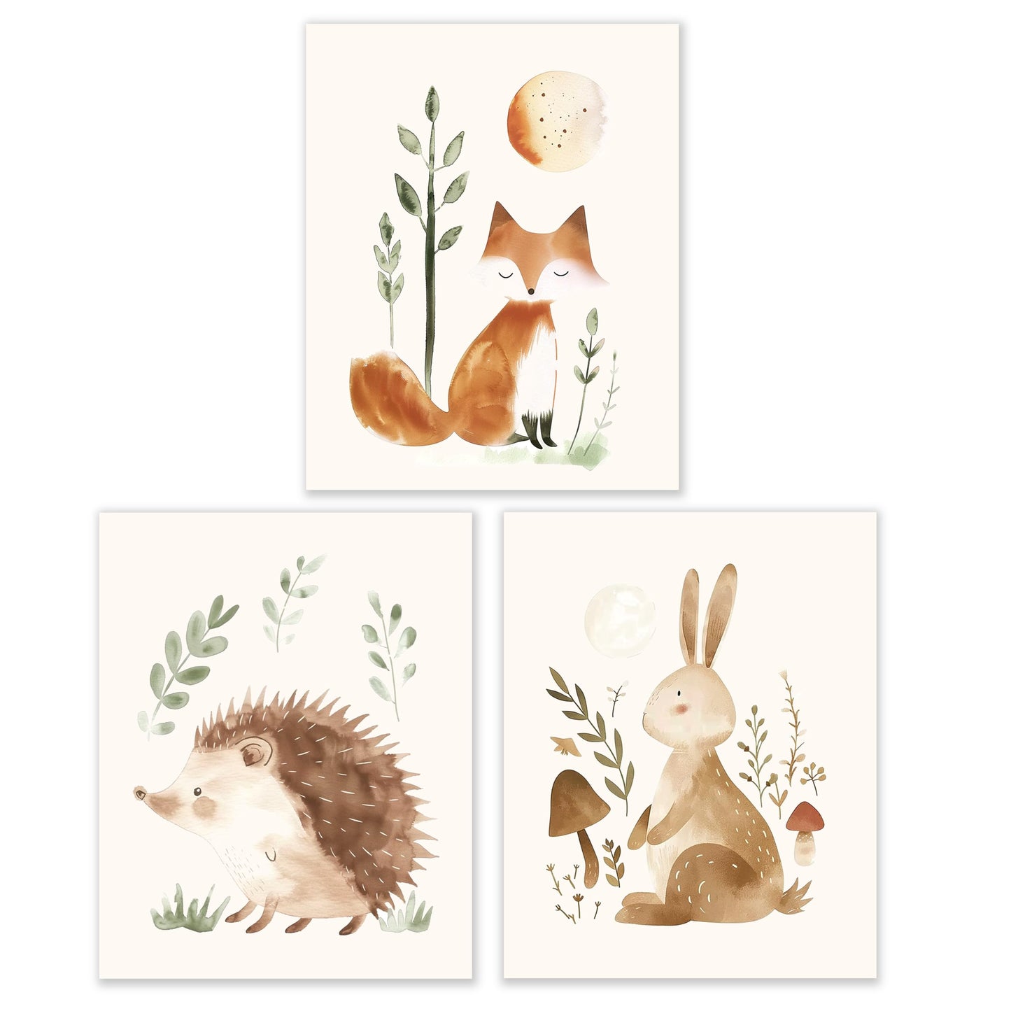 BESERH Woodland Animals Nursery Decor, Wild Animals Forest nursery wall art Hedgehog Fox Hare, Posters Wall Decor for Nursery Boys Girls Room, Framed Set 3, 8x10 Inches Unframed
