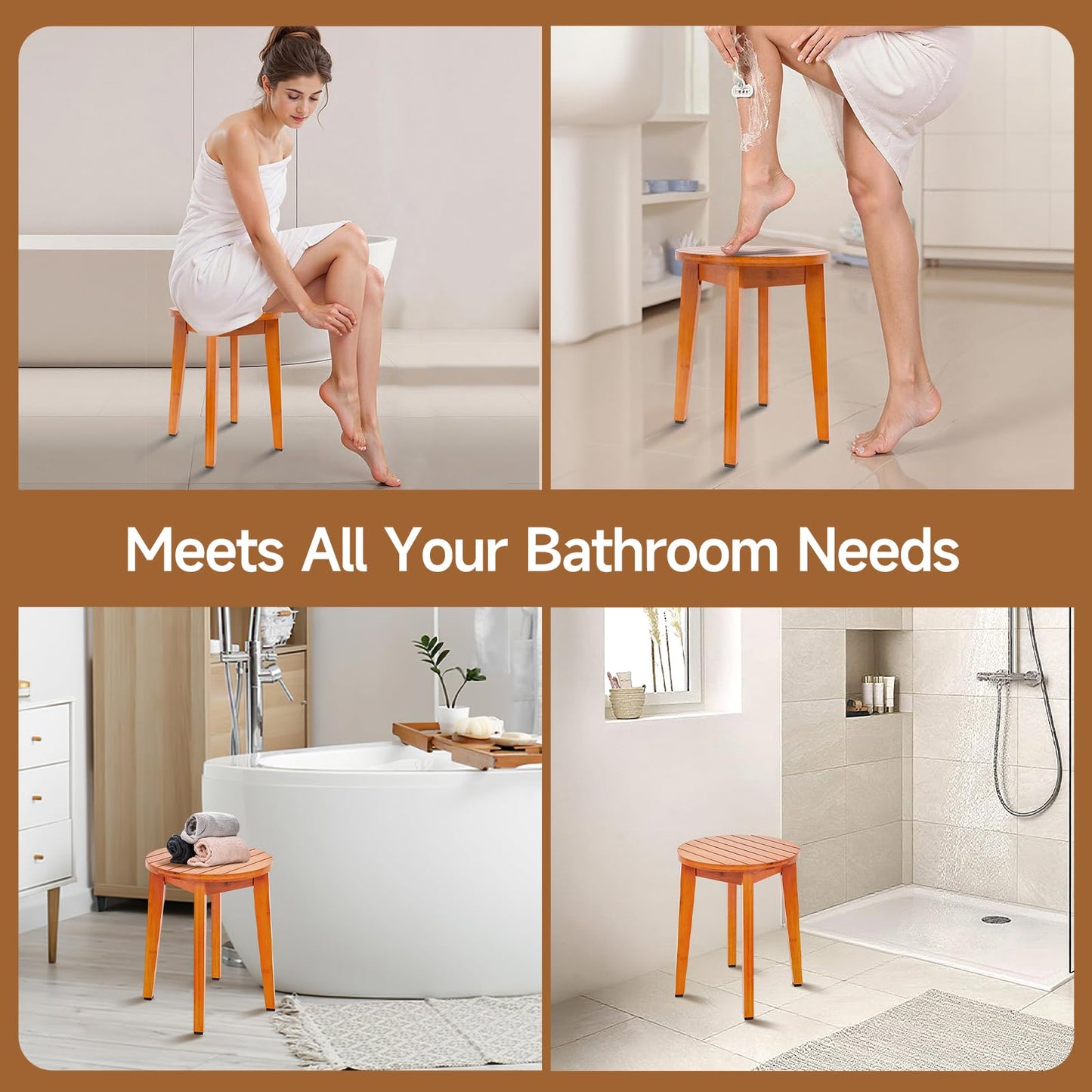 KISENG Round 16 Inch Bamboo Waterproof Shower Bathroom Stool Chair, Duty Wooden Bath Corner Shaving Legs Bench Seat (Honey Bamboo, XL)