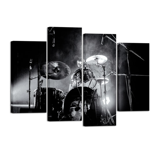 iHAPPYWALL 4 Piece Music Series Wall Art Rock Band Shelf Drum Set With Lights In Black And White Background Modern Home Decor for Living Room Bedroom