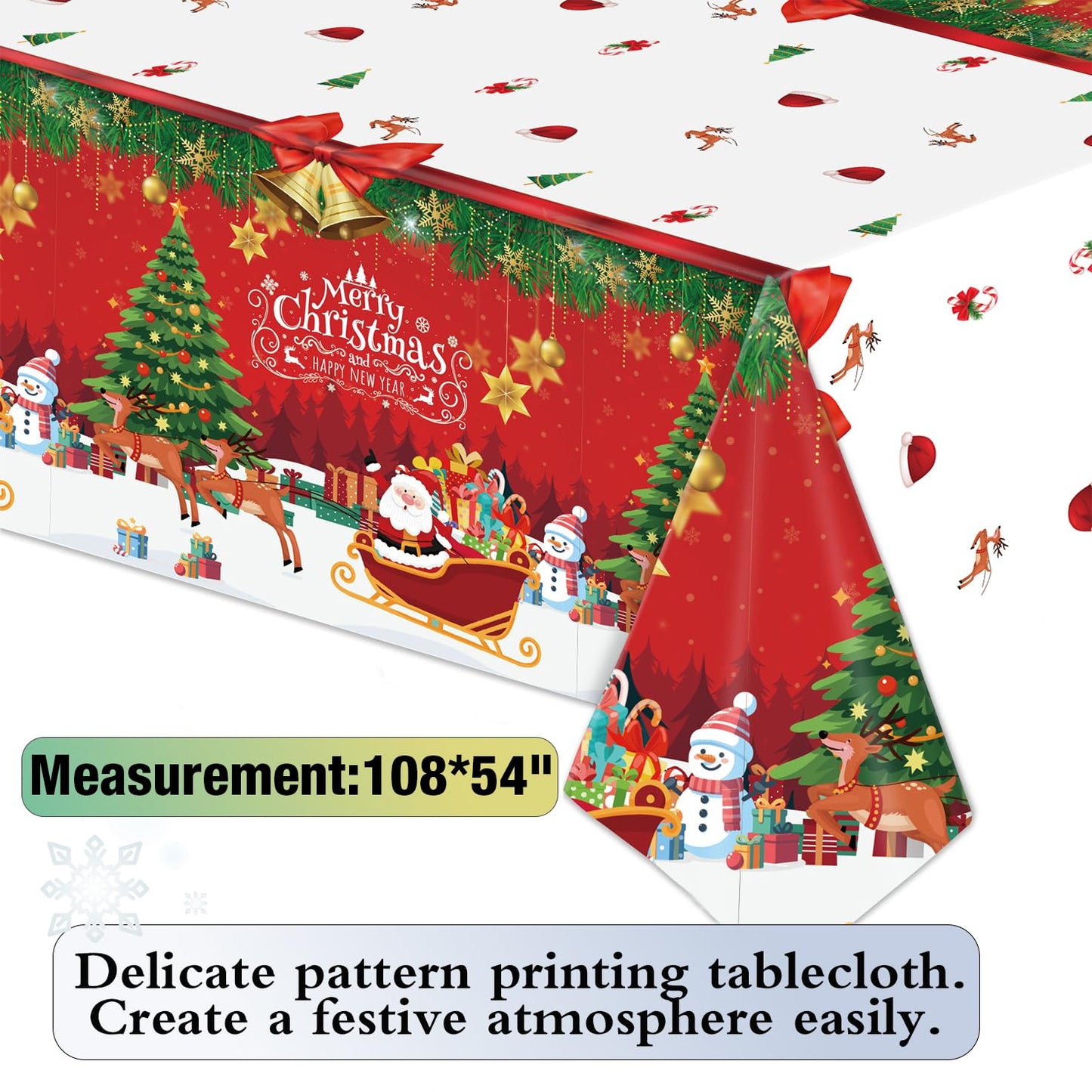 Christmas Party Decorations Set, Merry Christmas Banner, Multicolor Fringe Curtains, Xmas Tree Deer Tablecloth, Santa Cake Topper, Foil Balloons, Snowman Hanging Snowflakes Swirls