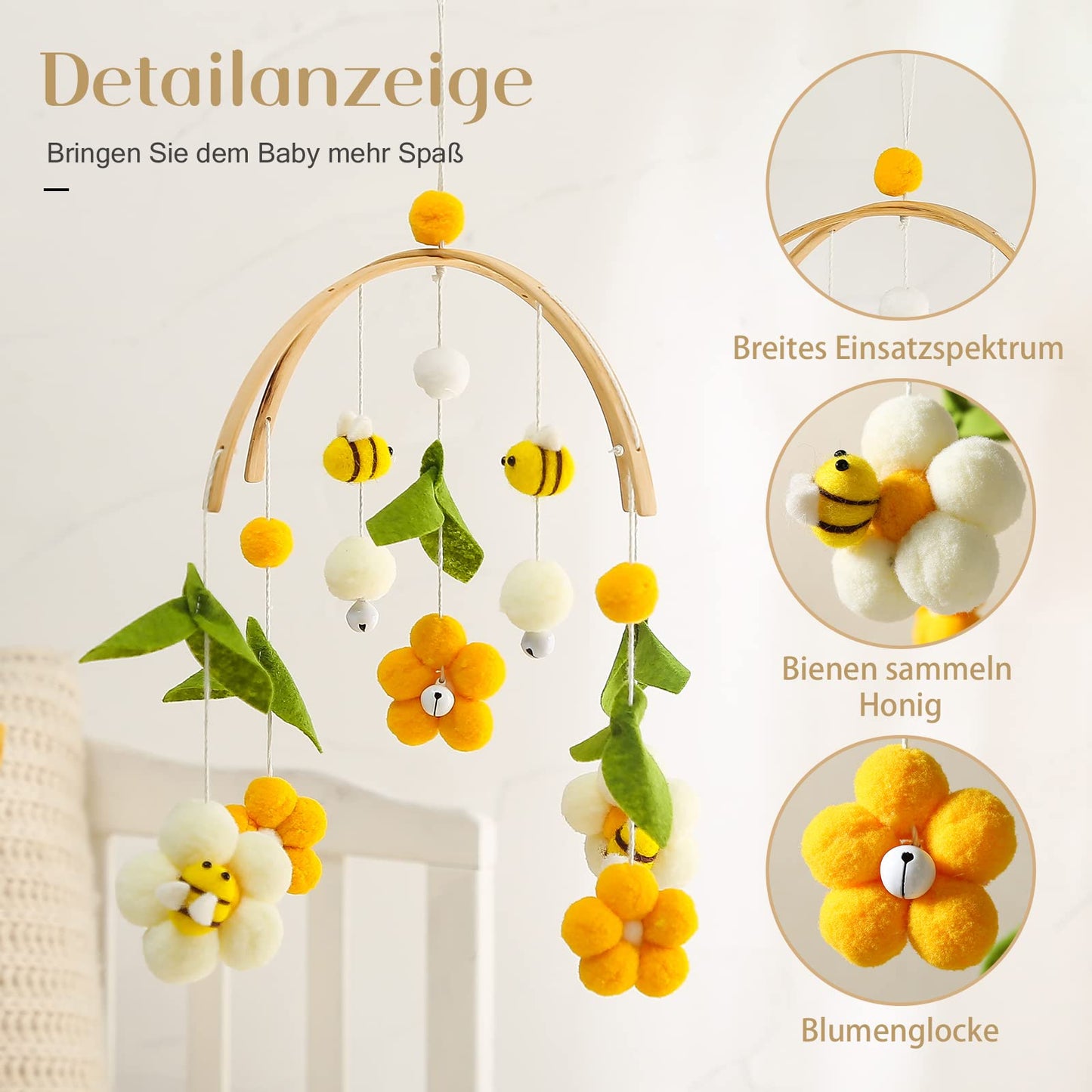 Baby Bee & Flower Crib & Bassinet Mobile - Soothing Nursery Decor for Girls & Boys - Ages 0 & Up