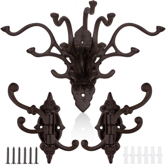 Yaocom 3 Pcs Vintage Cast Iron Wall Hooks Antique Coat Rack Rustic Wrought Decorative Heavy Duty Swivel Hooks for Hanging Bags, Caps, Hats, Towels, Keys