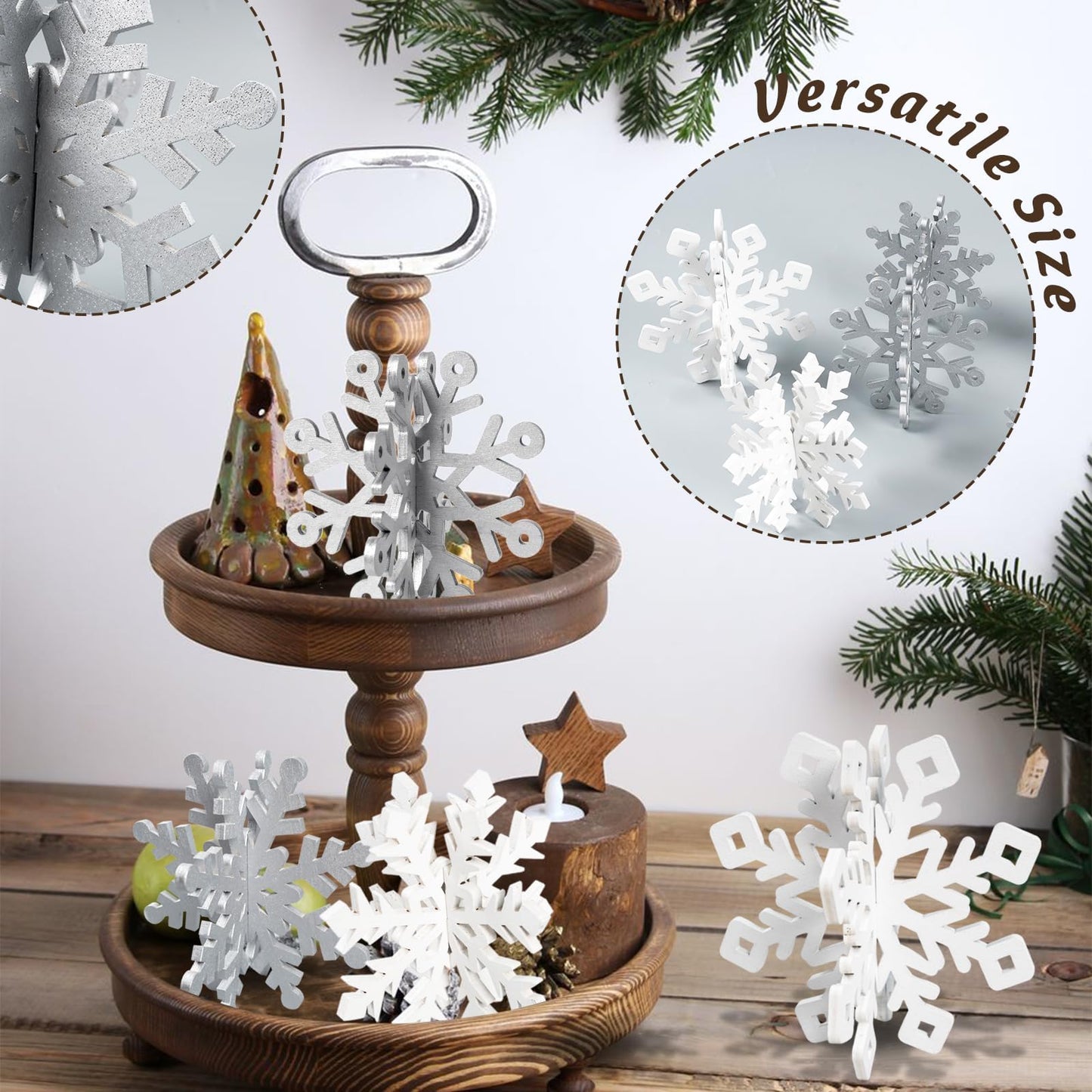 OuMuaMua Winter Christmas Centerpiece Table Decorations - 12pcs Wooden Snowflakes Decor 3D Silver White Snowflake Tabletop Decor for Xmas Holiday Tiered Tray Winter Farmhouse Decor