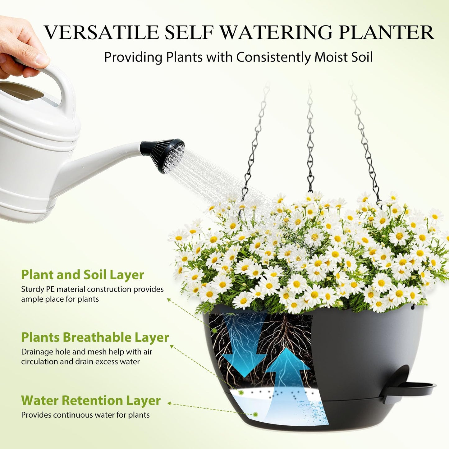 SQKH 12 Inch Hanging Baskets 2 PC with Chains, Self-Watering Hanging Planters for Indoor Outdoor Plants, Plastic Hanging Flower Pots,Black