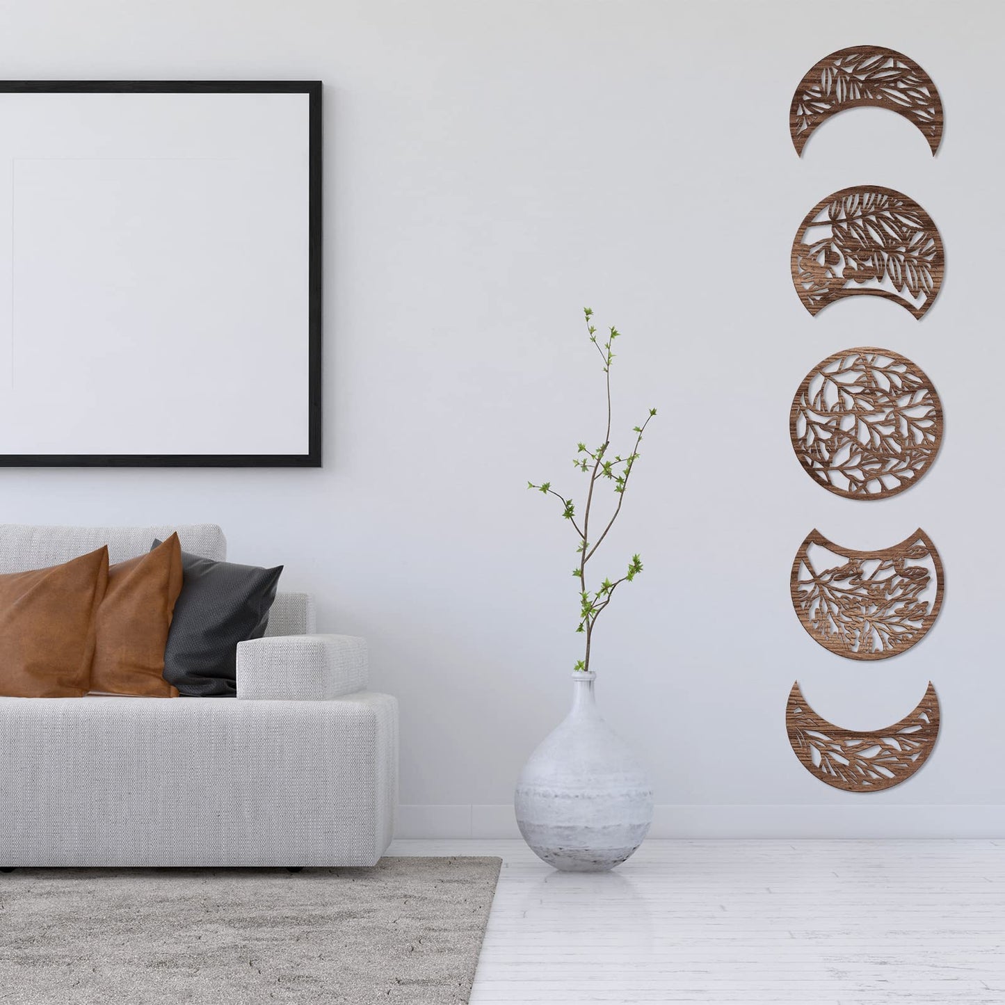 Jetec 5 Pcs Moon Phase Wall Art Decor Wall Pediments Hanging Wooden Phase Spiritual Bedroom Nordic Boho Lunar Aesthetic Art for Living Room Dorm Apartment Ornament(Brown,10.6 Inch,Botanical)