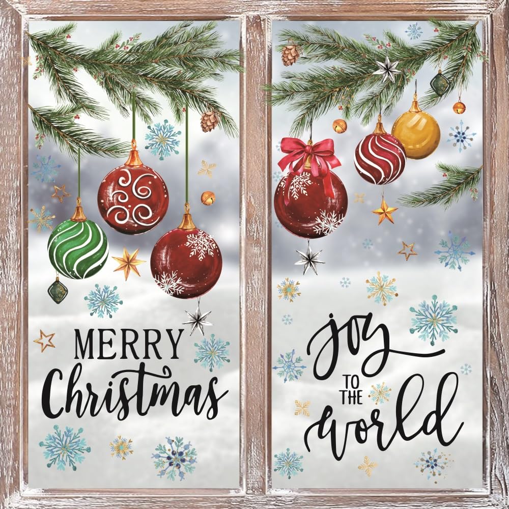 Horaldaily 221 PCS Christmas Window Cling Sticker, Xmas Balls Branches Snow for Home Party Supplies Shop Window Glass Display Decoration