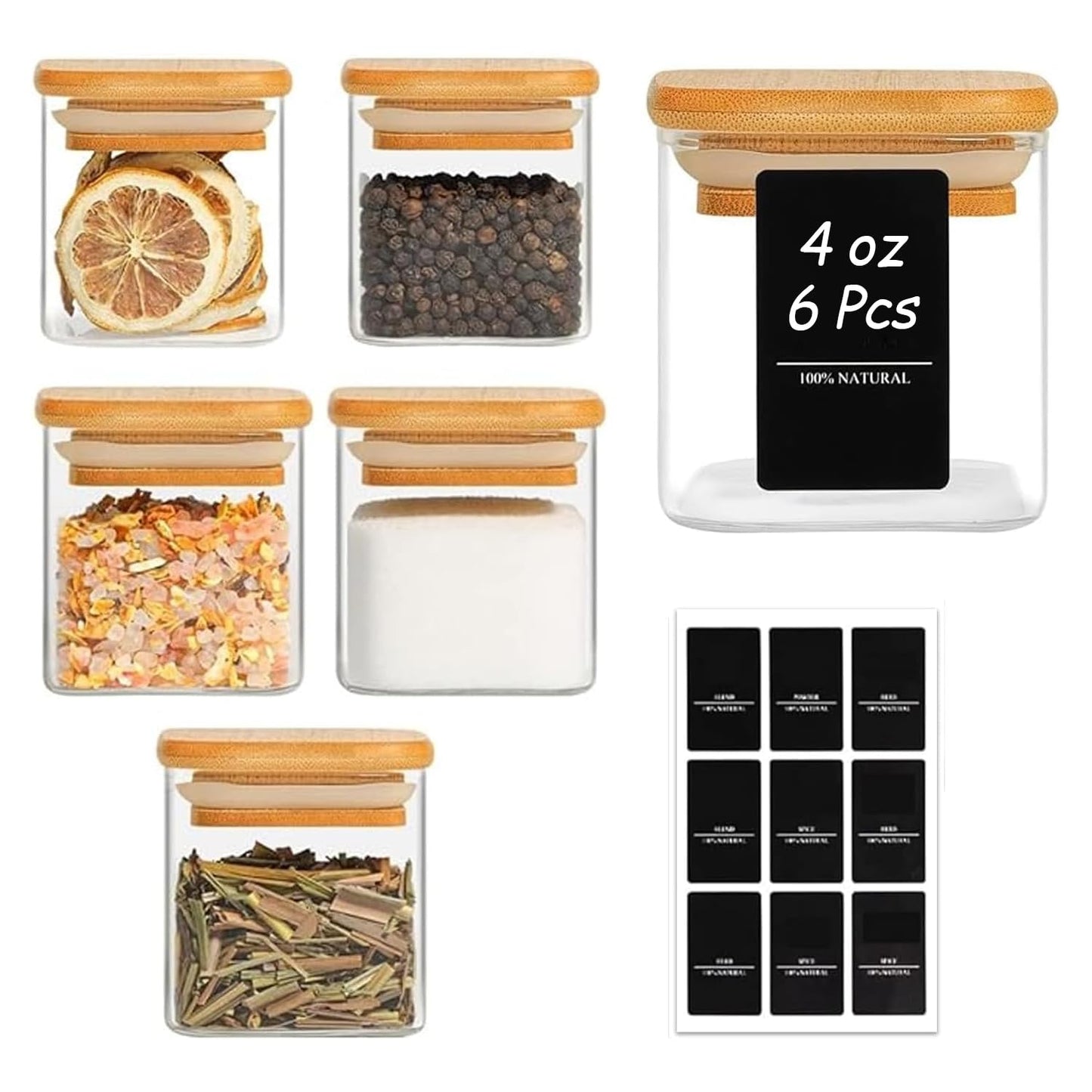 ComSaf Spice Jars with Labels 4 oz 6Pack, Small Spice Containers Starter Set, Glass Seasoning Jars with Lids, Square Seasoning Containers for Salt, Pepper, Chili Powder, Sugar, Ginger Ground, Cumin