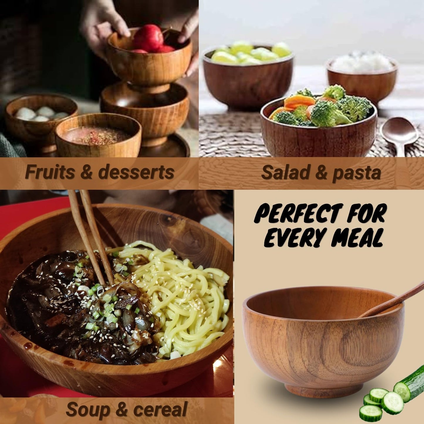 Komokey Wooden Bowl and Spoon Set of 4 - Japanese Style Natural Wood Soup Rice Salad Bowls with Spoons, Eco-Friendly Handcrafted Tableware, Housewarming Kitchen Gift