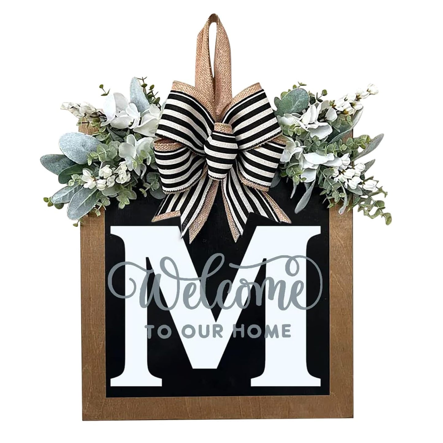 Last Name All Year Round Front Door Wreath with 26 Initial Letter Welcome Sign All Seasons Eucalyptus Garland and Bow ，Farmhouse, Porch, for Spring Summer Fall All Seasons Holiday Halloween Christmas. (M)