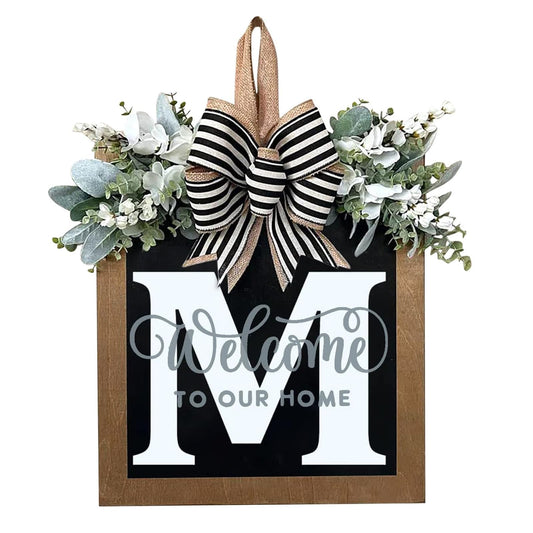 Last Name All Year Round Front Door Wreath with 26 Initial Letter Welcome Sign All Seasons Eucalyptus Garland and Bow ，Farmhouse, Porch, for Spring Summer Fall All Seasons Holiday Halloween Christmas. (M)