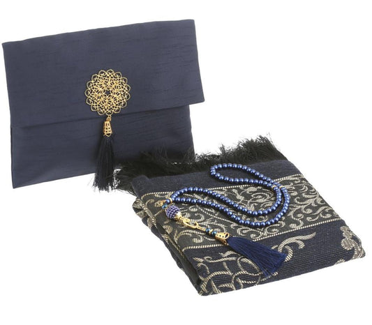 Prien Muslim Prayer Rug with Tasbih and Portable Bag, Muslim Gift for Women Men, Mubarak Islamic Box, Soft Mat Islam Gifts Set, Turkish Sajadah for Ramadan, Eid, Hajj, Travel, Pray (Navy Blue)