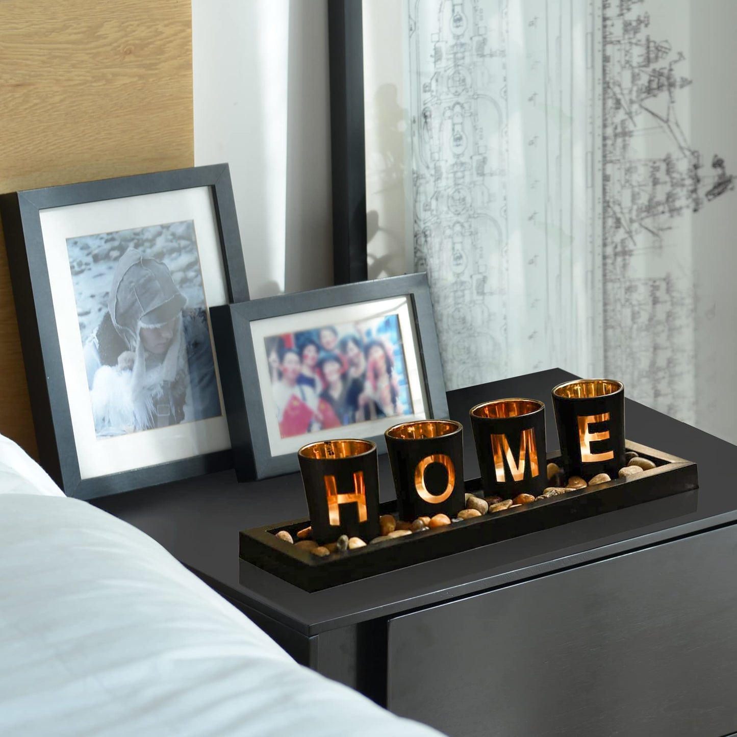 MrMrKura Home Decorative Candle Holder Set, 4 Glass Tea Light Candleholders with Wooden Candle Holders Tray, Natural Pebbles for Home Decor Table Decorations Centerpiece