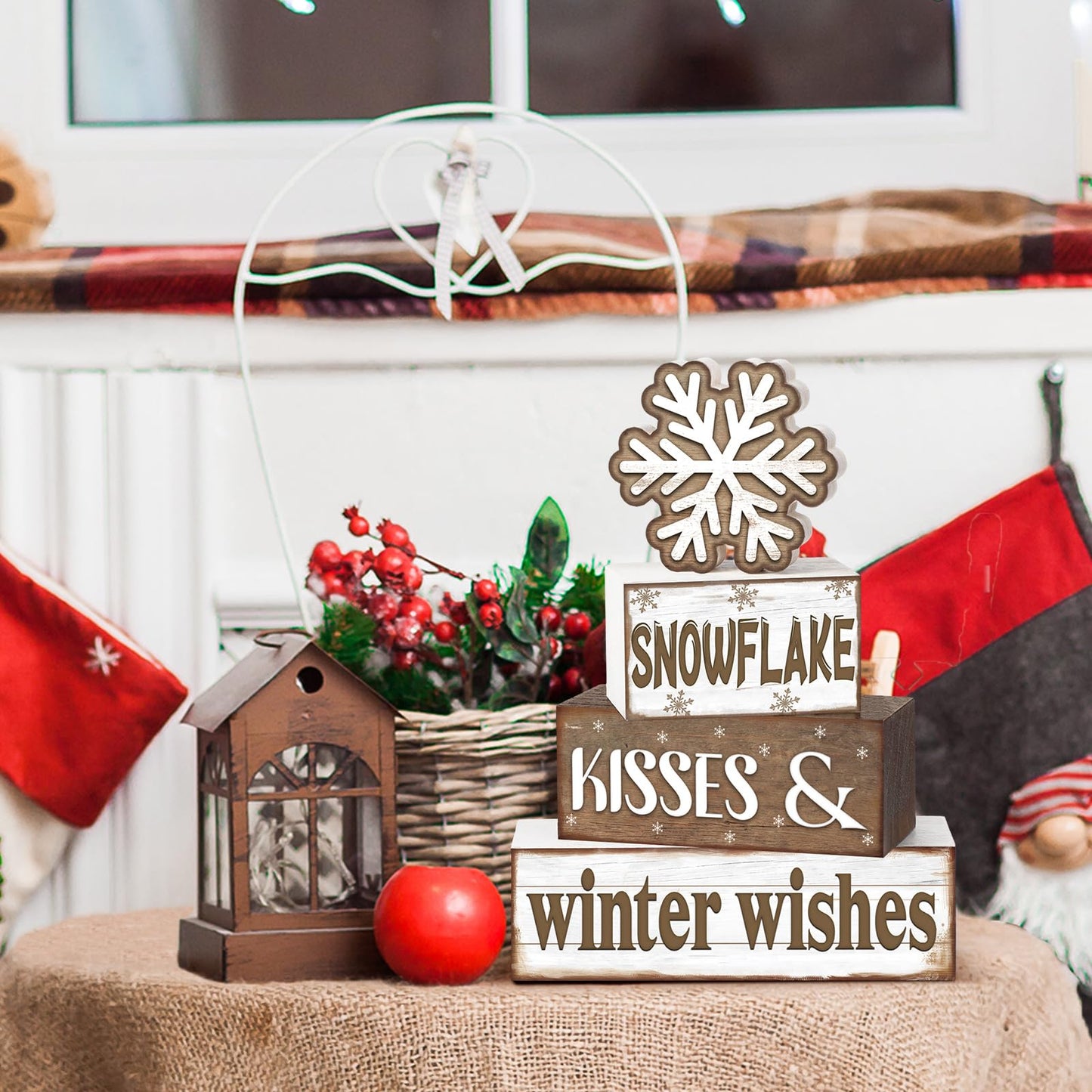 Huquary 4 Pcs Winter Table Decorations Snowflake Tiered Tray Decor Baby It's Cold Outside Sign Christmas Centerpiece Snow Block Signs Table Decor Winter Tabletop Signs(Warm Style)