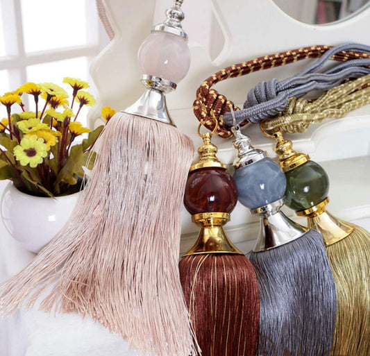 NARAMAX 1Pair Curtain Tassel Tiebacks Charm Crystal Stone Beads Fringe Rope Holdbacks Window Drapery Ball Tassels Rope Holdbacks Curtain Ties for Window Door Home Decorations(Black)