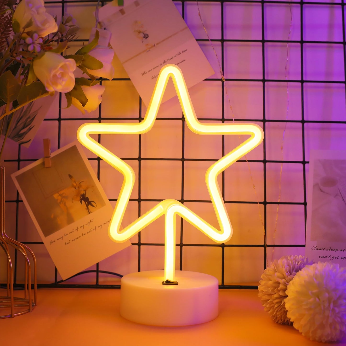ENUOLI Warm White Star Shaped LED Neon Light Lamp with Base Battery Operated USB Powered LED Star Neon Sign Home Christmas Decoration Lights for Home Hotel Bedroom Store Decoration Night Light