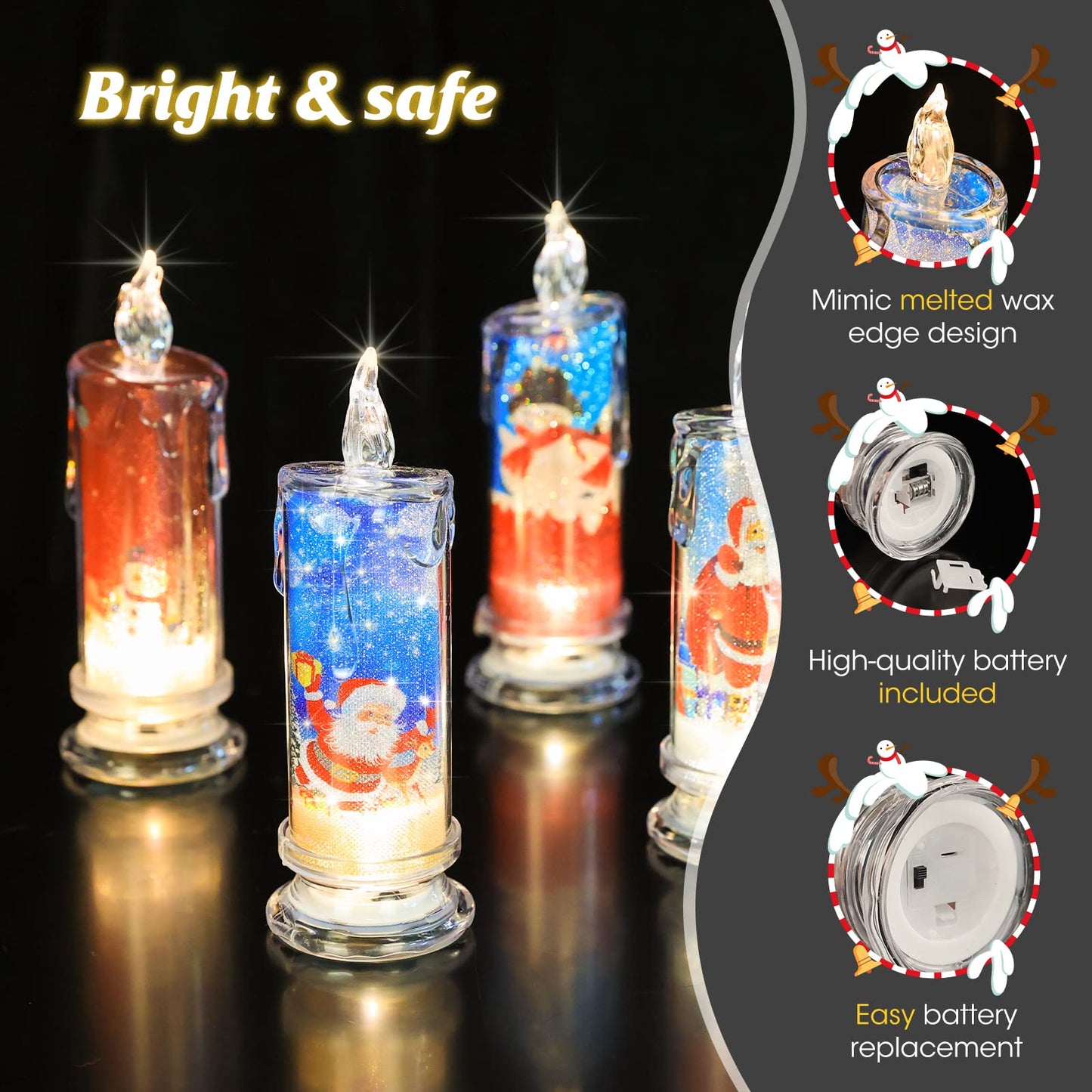 SupBri Flameless LED Candles Set of 4 with Santa Claus, Snowman Decals - Battery Operated Christmas Themed Festival Gift Decorations