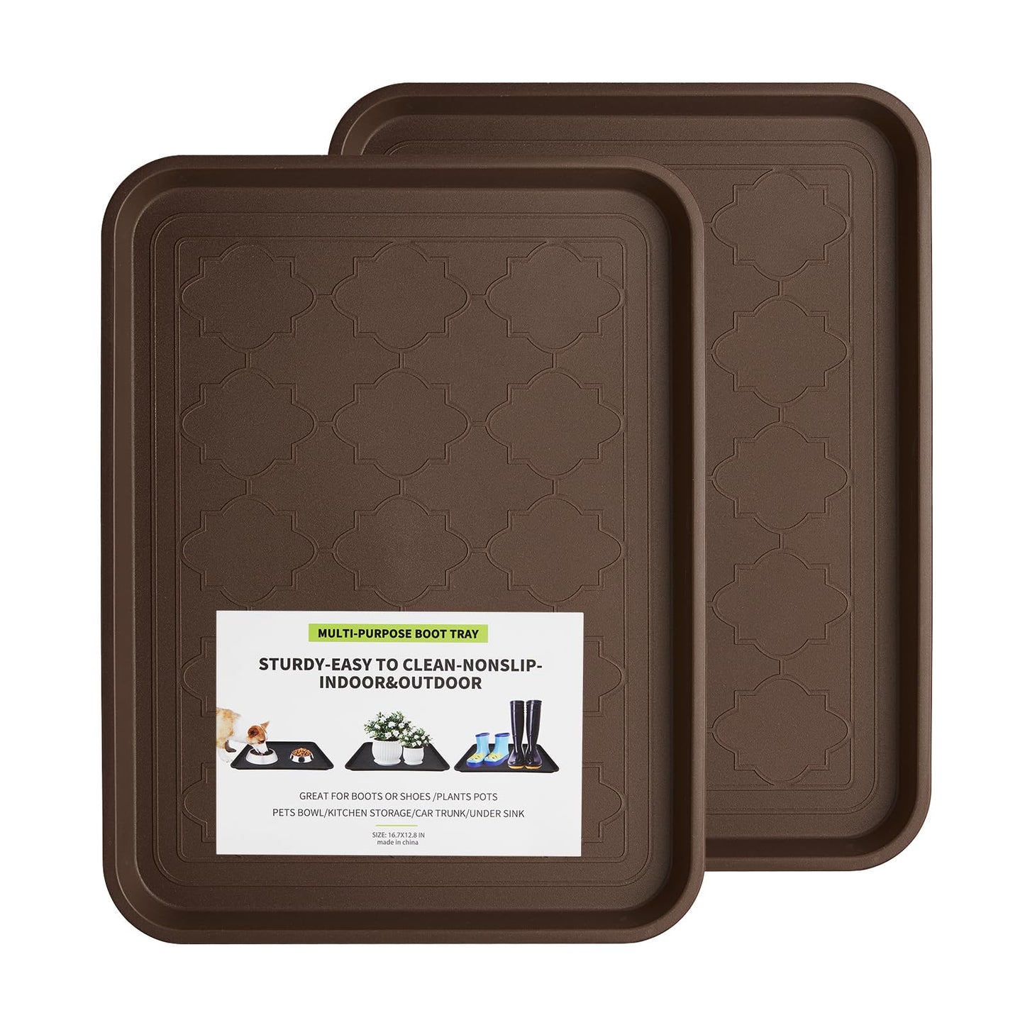 PETABBY Boot Tray 2 Packs All Seasons Multi-Purpose, Waterproof Boot Trays for Entryway Indoor & Outdoor, Non-Slip Shoe Tray, 16.7"x12.8",Brown