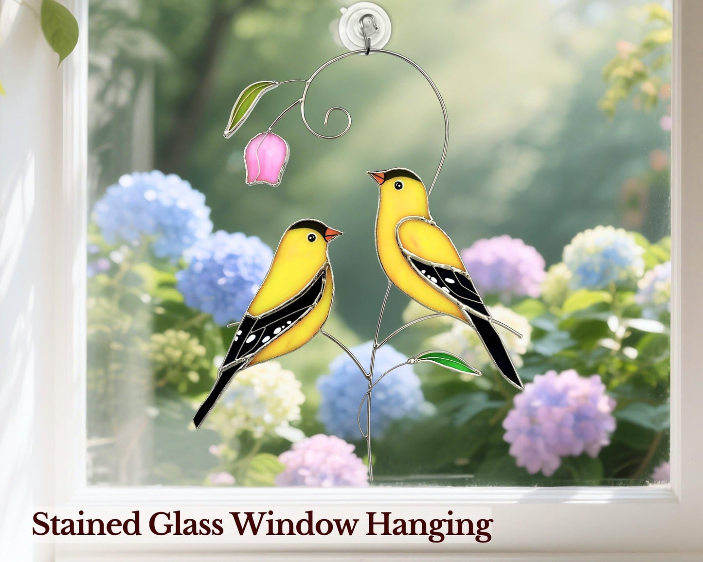 Iricrist Goldfinch (1 Pair) Stained Glass Birds Suncatcher for Mom, Grandma, Women - Real Glass Window Hanging Ornament - Handmade Bird Lover Home Decor (Gifts Ready Packaging)