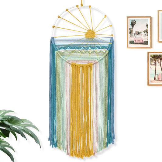 MEIVINES Macrame Wall Hanging,11.8x27.6 Inches Boho Sun Wall Art Decor,Woven Hanging Tapestry Tassels Handmade Colorful Tapestry for Bedroom Living Room Nursery Apartment