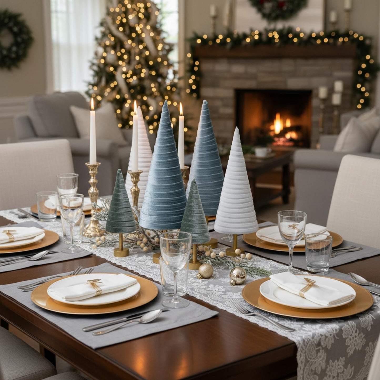 Hoolerry 6 Pcs Christmas Velvet Trees with Gold Pedestal Christmas Velvet Cones Tree Mantel Decor Modern Rustic Winter Home Minimalist for Holiday Entryway Table Wedding Centerpiece(Morandi)