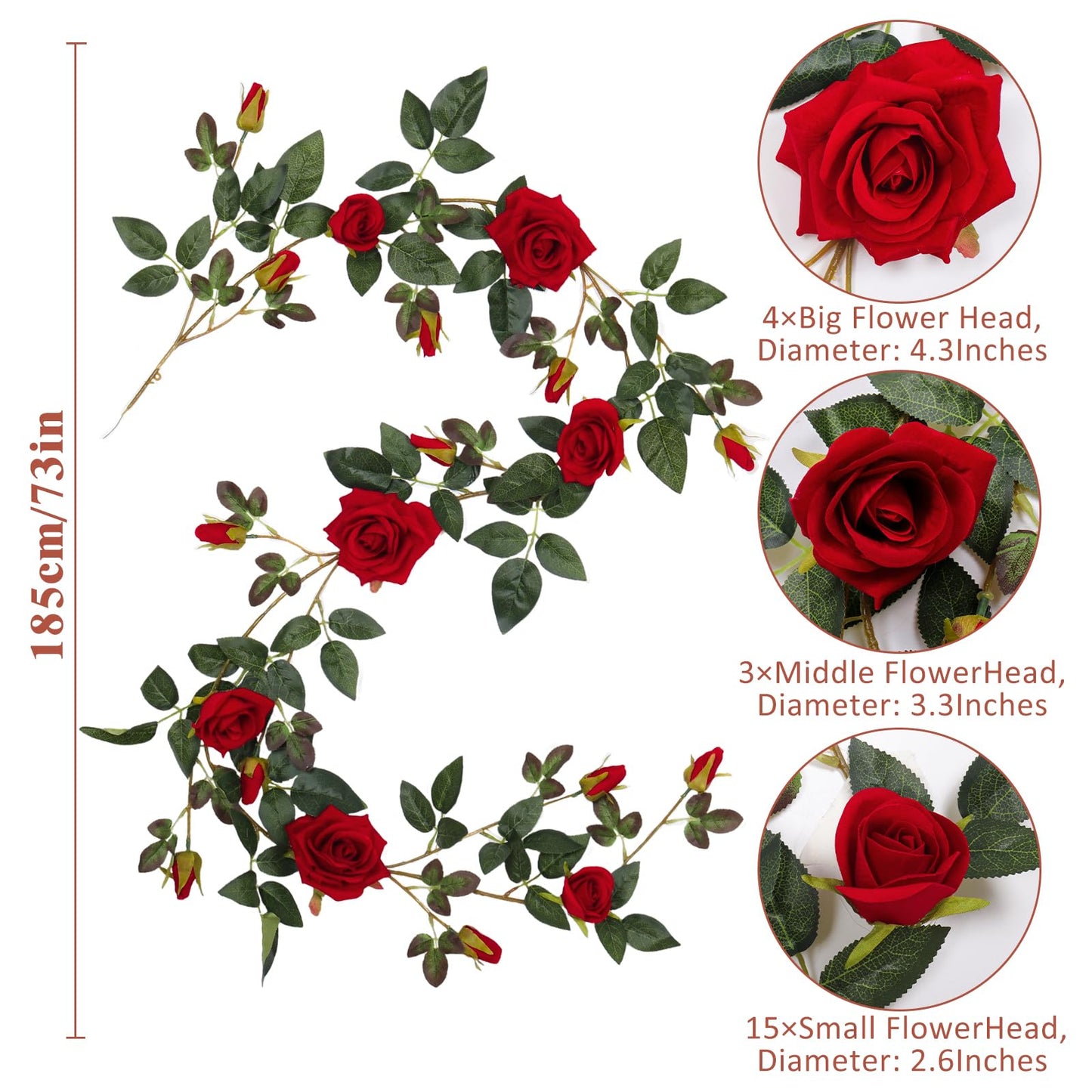 RECUTMS 6FT Artificial Red Rose Garland Fake Rose Ivy Vine with Greenery Foliage Hanging Flower Vine for Wedding Arch, Table, Home, Garden, Birthday, Valentine’s Day Party Decoration (Red)