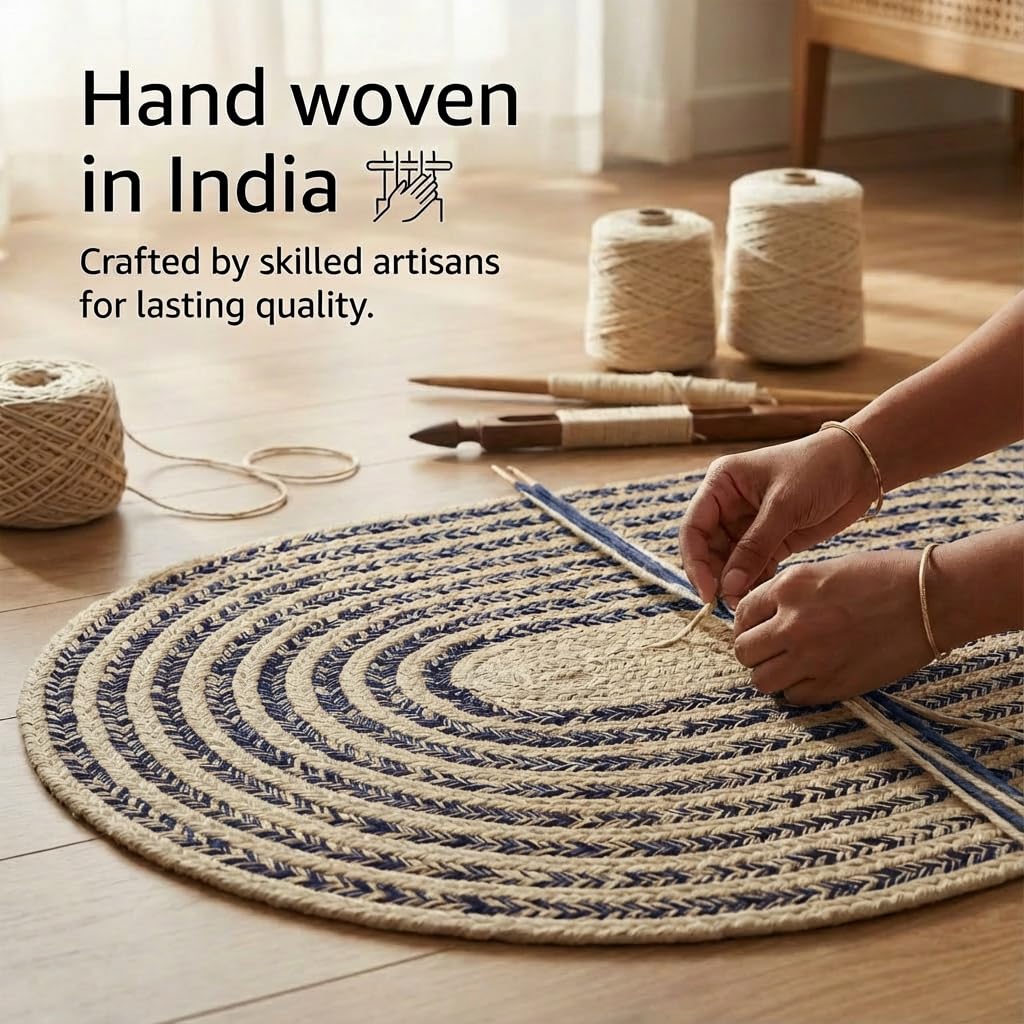 Cotton Braided Rug - 20" X 30" Beige and Navy Oval Woven Farmhouse Rug for Bathroom - Braided Minimalist Rugs for Kitchen - Rustic Primitive Rugs for Entryway