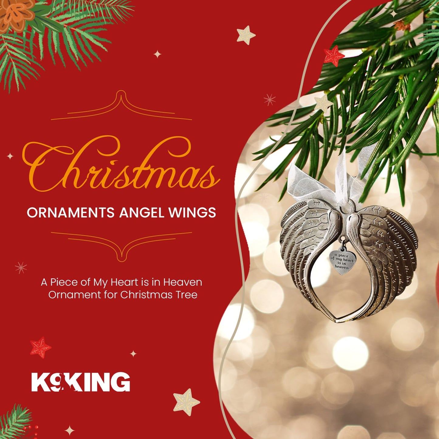 Christmas Ornaments Angel Wings - A Piece of My Heart is in Heaven Ornament for Christmas Tree - Double Sided Memorial Ornament for Loss of Loved One - Luxurious Silk Ribbon & Red Gift Bag