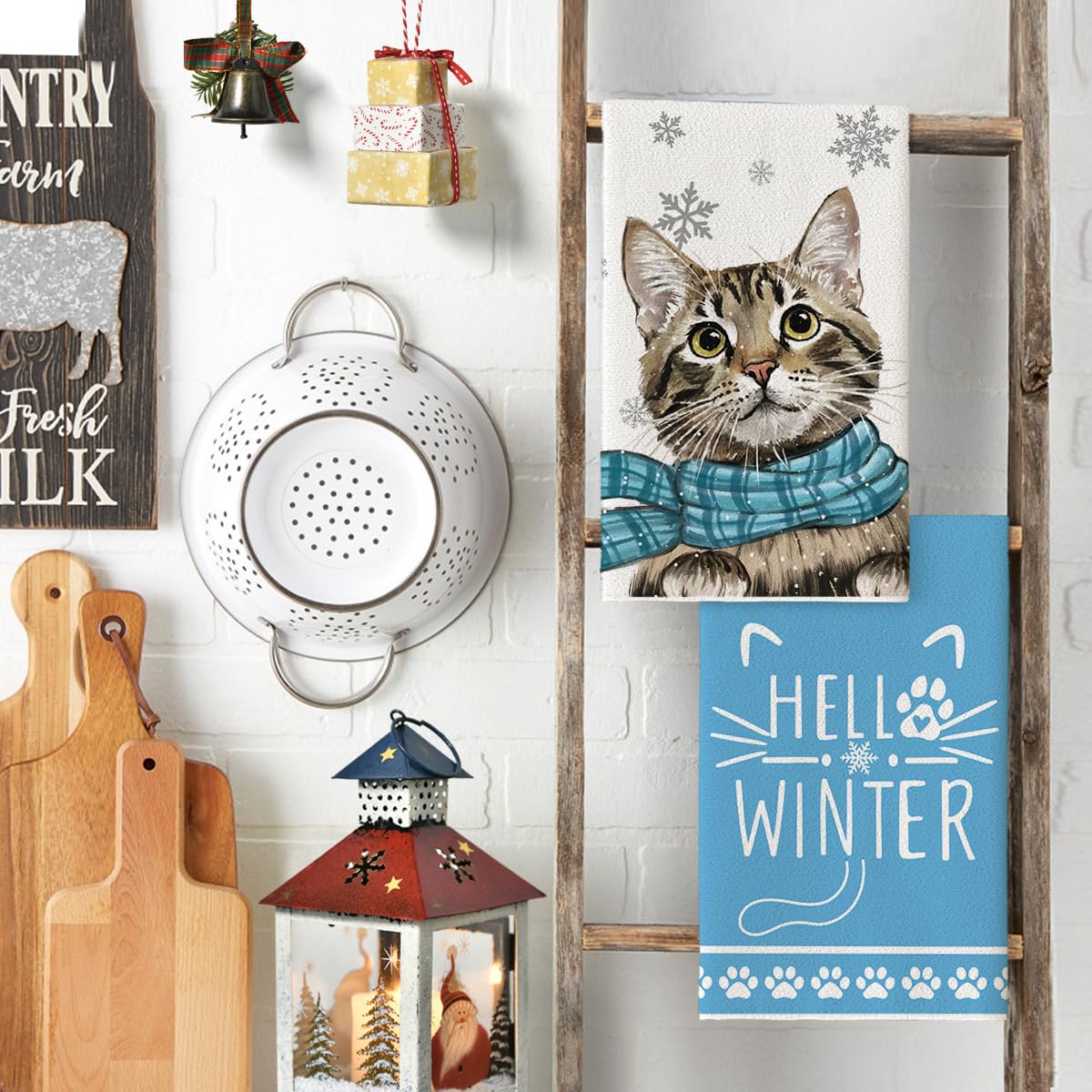 Artoid Mode Blue Cat Hello Winter Kitchen Towels Dish Towels, 18x26 Inch Print Snowflakes Christmas Decoration Hand Towels Set of 2