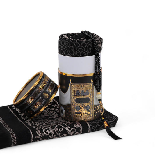 FURKAN Muslim Prayer Rug & Beads Set with Stylish Cylinder Gift Box Janamaz Sajadah Prayer Mat Perfect Islamic Spiritual Gift for Ramadan Islamic, Cylinder Gift Box - Model 2 - Black