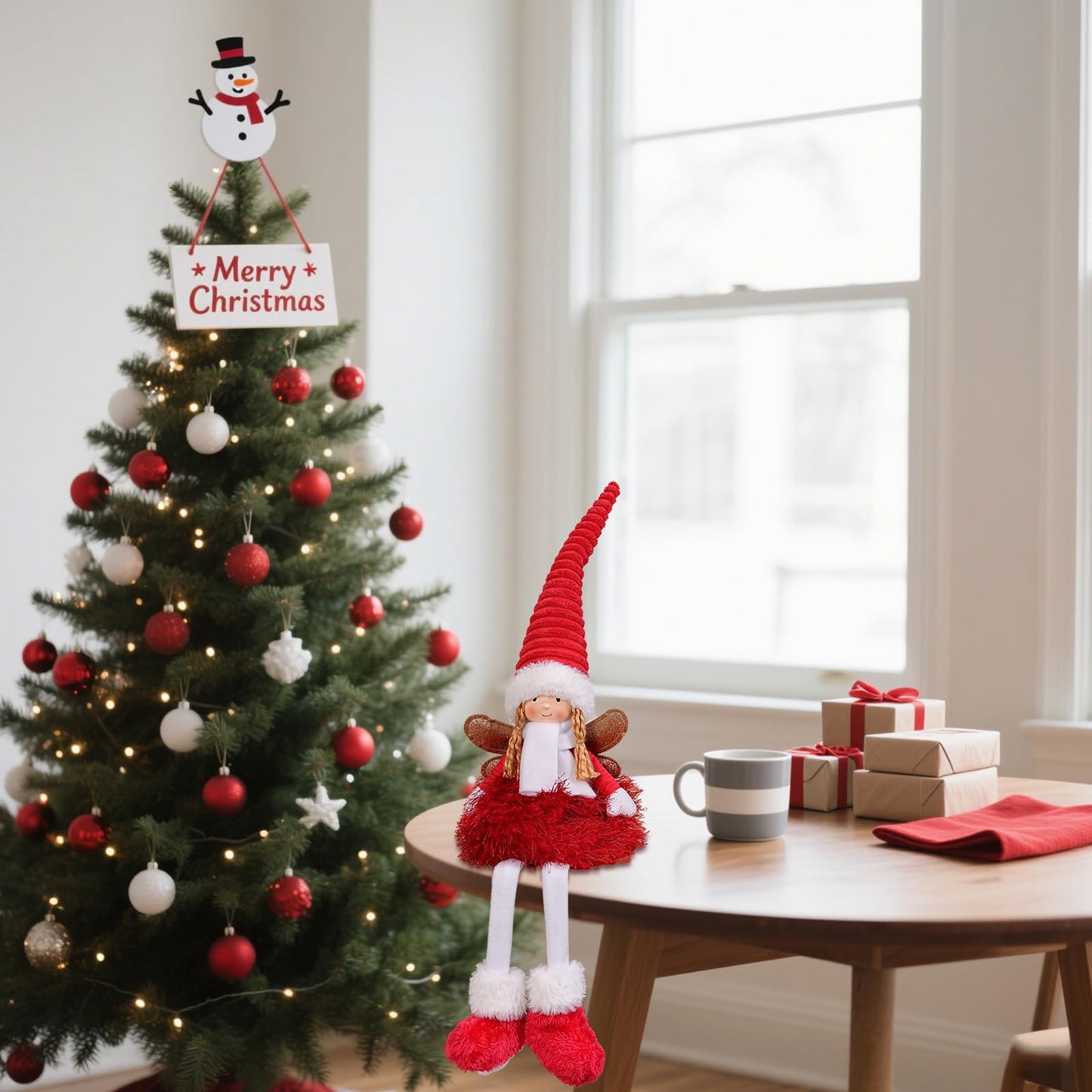 Dedrian11 Christmas Angel Figurine, Plush Shelf Sitter Fairy Doll with Poseable Wired Hat & Arms, White Tabletop/Mantel/Window Decor, Holiday Home Decoration Gift