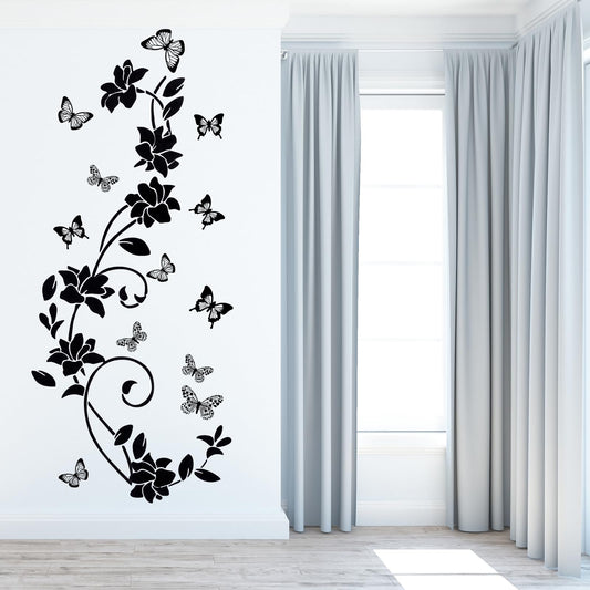 Heclia Black Flower Vine Butterfly Wall Stickers Art Design Wall Sticker Anti-Collision Window Vinyl Sticker Butterfly Glass Door Walls Decor for Bathroom Bedroom Kitchen Home Decorations