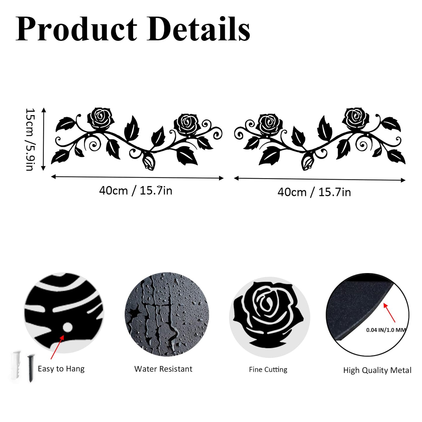 DUOOLN 2 Pcs Metal Rose Tree Leaf Wall Decor, Long Iron Scroll Vine Wall Art Above, Rustic Hanging Sign Flowers Sculpture, For Above Door Living Room Office Indoor And Outdoor Decoration - Black