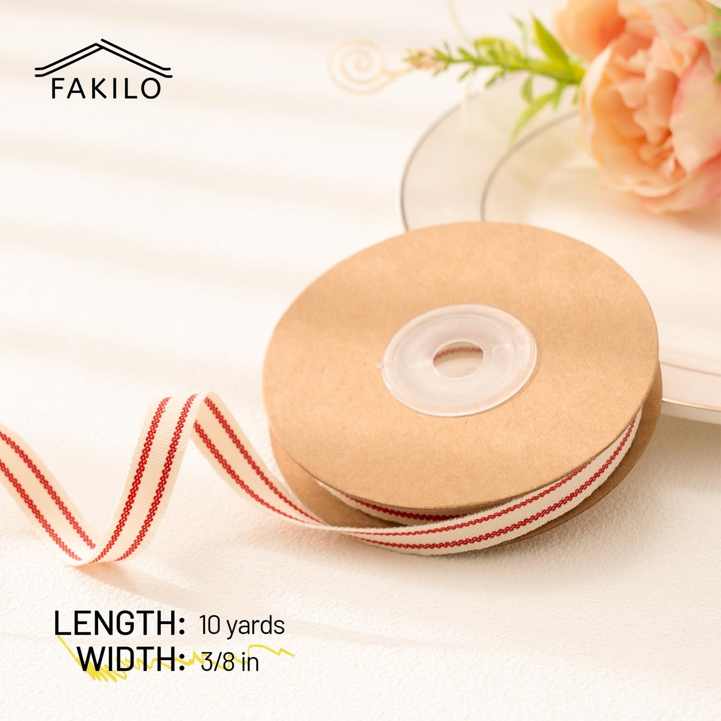 FAKILO Cute Stripe Ribbon for Gift Cake Present Wrapping Craft DIY, Fun Ribbon with Red Stripes, 3/8 Inch x 10 Yards