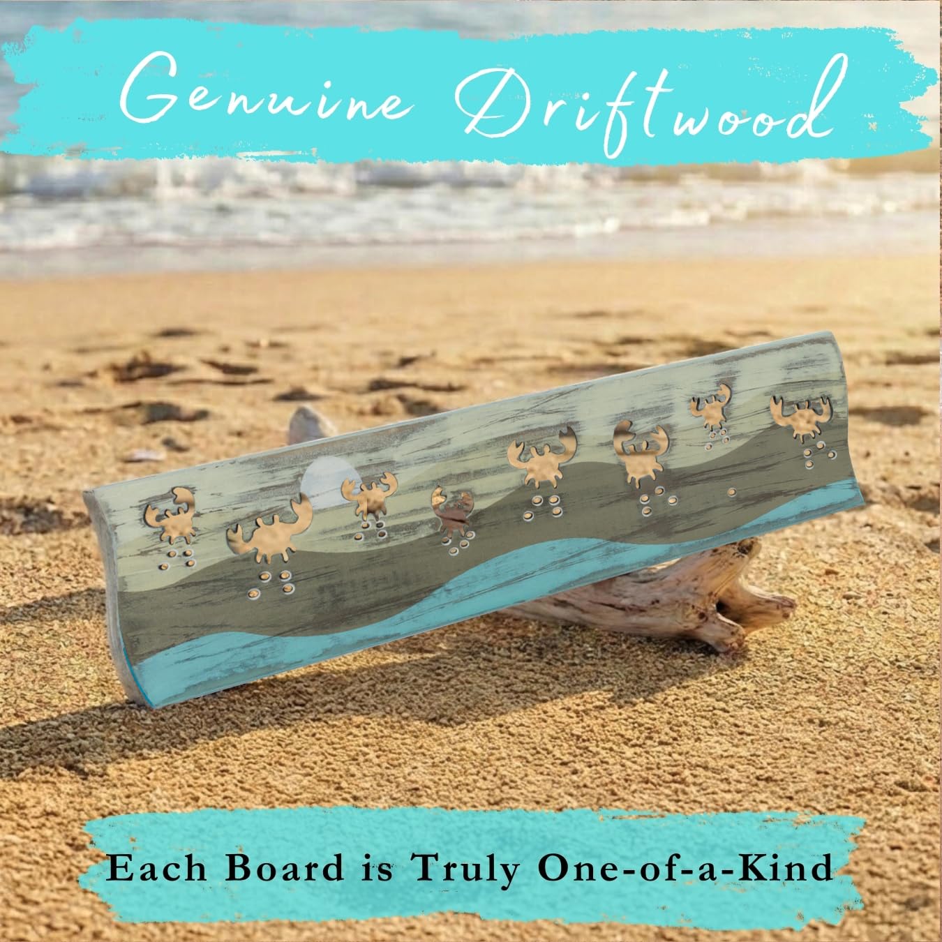 Crab Driftwood Wall Art & DIY Key Holder – Handmade Coastal Home Decor – 17.5" Genuine Weathered Wood Plank with 5 Removable Hooks for Keys, Leashes, and Jewelry – Beach House Entryway Organizer (Crab Parade)